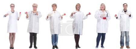 Photo for Laboratory assistant holding a flask with liquid isolated on white background - Royalty Free Image
