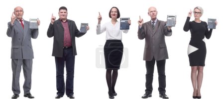 Foto de Collage de personas con calculadora aislada sobre fondo blanco - Imagen libre de derechos