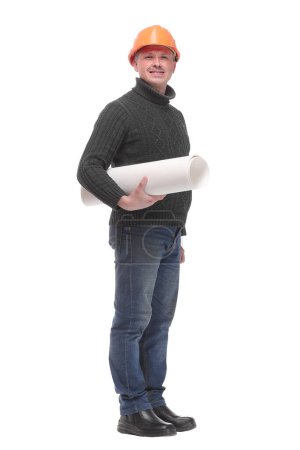 Photo for Happy young successful architect wearing hardhat with blueprint on white background - Royalty Free Image