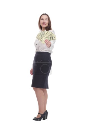 Foto de En pleno crecimiento. mujer de negocios feliz con billetes. aislado sobre un fondo blanco. - Imagen libre de derechos