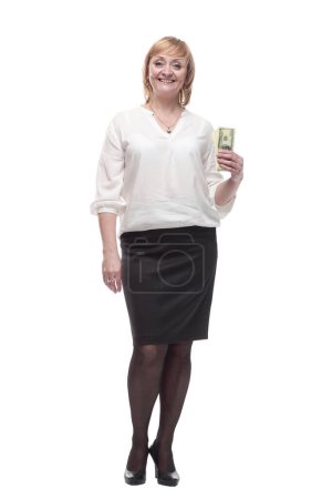 Téléchargez les photos : Femme d'affaires heureuse avec un paquet de billets de banque. isolé sur un fond blanc. - en image libre de droit