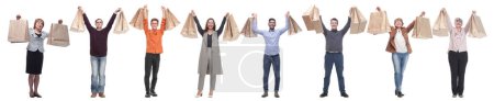 Téléchargez les photos : Collage des acheteurs tenant des sacs à provisions haut - en image libre de droit