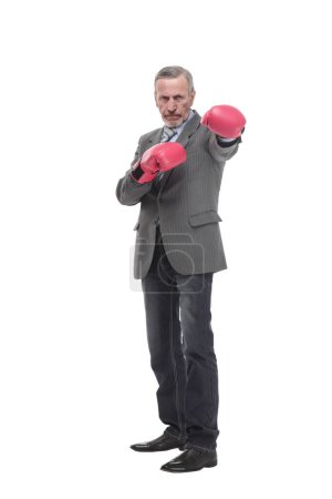 Téléchargez les photos : Homme d'affaires senior portant un costume gris avec des gants de boxe dans une pose de victoire souriant à la caméra - en image libre de droit