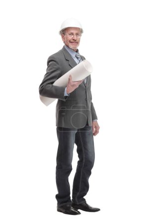 Photo for Portrait of successfull architect wearing hardhat and with blueprint isolated over white - Royalty Free Image