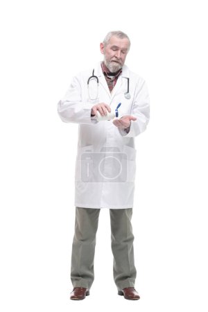 Photo for Elderly competent doctor with sanitizer in hand. isolated on a white background. - Royalty Free Image