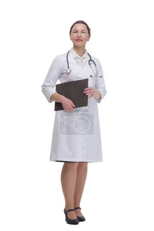 in full growth.female doctor with clipboard. isolated on a white background.
