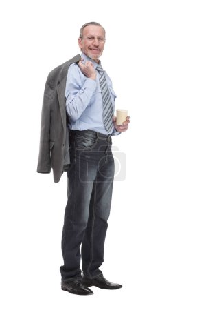 Foto de Portrait of middle-aged man in suit holding heap of books and looking at camera - Imagen libre de derechos