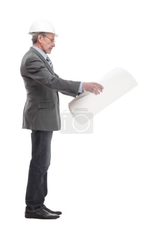 Front view of a male architect while carrying blueprints and walking at camera, isolated on white background