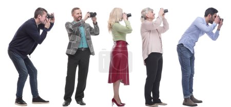 Photo for Collage of group of photographers in profile isolated on white background - Royalty Free Image