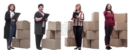 Foto de Collage de personas levantando pesada caja de cartón aislado sobre fondo blanco. - Imagen libre de derechos