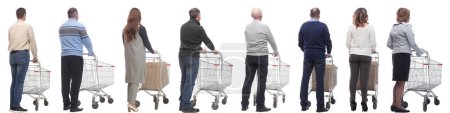 Photo for A group of people with a cart stand with their backs isolated on a white background - Royalty Free Image