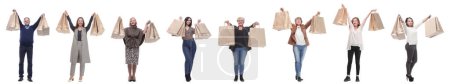 Téléchargez les photos : Collage des acheteurs tenant des sacs à provisions haut - en image libre de droit