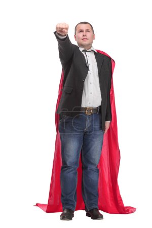 Photo for Businessman in suit and superhero red cloak raises hand up, white background. Young office manager like a superman. - Royalty Free Image