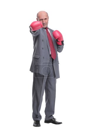Photo for Serious caucasian elderly man in business formal outfit in boxing gloves hitting. Isolated over white background - Royalty Free Image