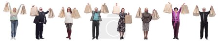 Foto de Collage de compradores sosteniendo bolsas de compras alto - Imagen libre de derechos