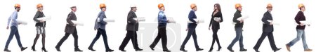 Foto de Collage de perfil de arquitecto en hardhat con planos en caminar aislado sobre fondo blanco - Imagen libre de derechos