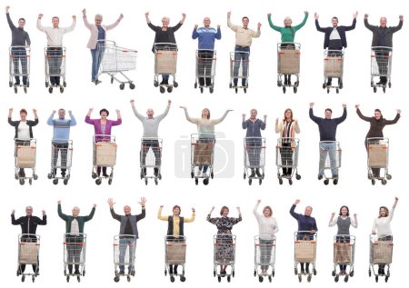 Foto de Grupo de personas con carro levantaron las manos aisladas sobre fondo blanco - Imagen libre de derechos