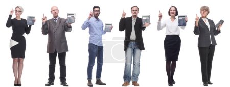 Foto de Collage de personas con calculadora aislada sobre fondo blanco - Imagen libre de derechos
