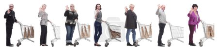Photo for Group of people in profile with shopping cart isolated on white background - Royalty Free Image
