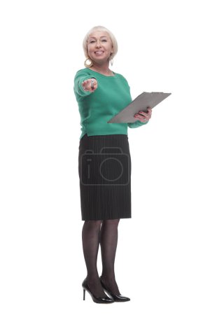 Photo for In full growth. smiling woman with clipboard. isolated on a white background. - Royalty Free Image