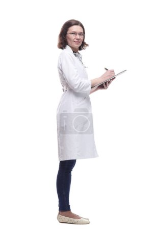 Mature female doctor with clipboard. isolated on a white background.