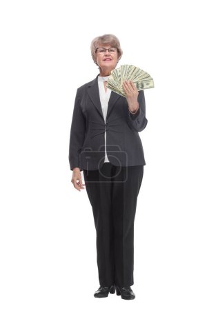 Photo for Back view of full length business woman standing with two hands in different directions, at blank copy space, isolated on white - Royalty Free Image