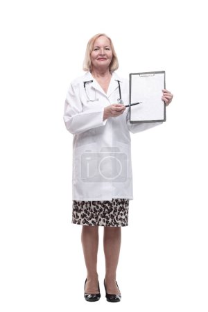 full-length. female doctor with clipboard. isolated on a white background.