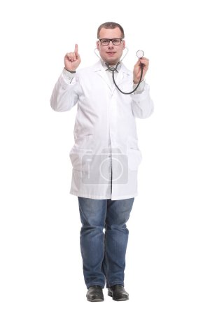 Doctor holding stethoscope towards patient listening to heartbeat isolated over white