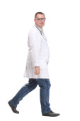 Full length studio shot of walking young male doctor with stethoscope, side view. isolated on white. hoodie #637855752