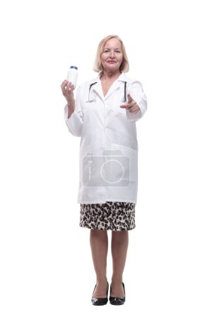 Photo for Full-length. female doctor with sanitizer in hand. isolated on a white background. - Royalty Free Image