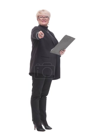 Photo for In full growth. Executive business woman with clipboard. isolated on a white background. - Royalty Free Image