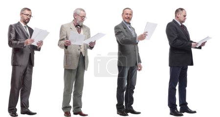Photo for Collage of people holding a4 sheet in hands isolated on white background - Royalty Free Image