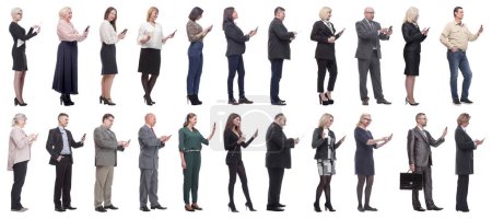 Téléchargez les photos : Group of people profile holding phone in hand isolated on white background - en image libre de droit