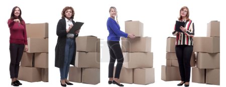 Photo for Collage of people lifting heavy cardboard box isolated on white background. - Royalty Free Image