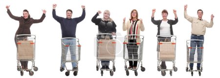 Photo for Group of people with cart raised their hands up isolated on white background - Royalty Free Image