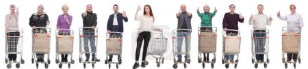 Photo for Group of people with shopping cart showing thumbs up isolated on white background - Royalty Free Image