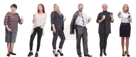 Téléchargez les photos : Collage personnes tenant du café dans les mains isolé sur fond blanc - en image libre de droit