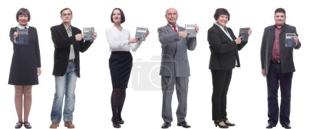 Foto de Collage de personas demuestran calculadora en mano aislada sobre fondo blanco - Imagen libre de derechos