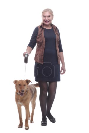 in full growth. portrait of a happy woman with her favorite pet. isolated on a white background
