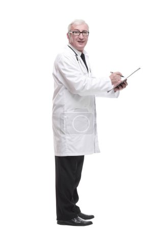 qualified mature doctor with clipboard. isolated on a white background.