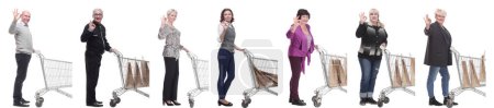 Photo for Group of people in profile with shopping cart isolated on white background - Royalty Free Image