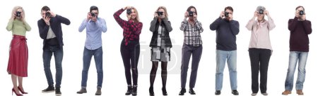 Téléchargez les photos : Nombreux photographes paparazzi Double Douze Groupe avec caméras isolées sur collage blanc - en image libre de droit