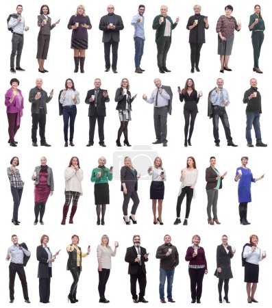 Téléchargez les photos : Collage personnes tenant du café dans les mains isolé sur fond blanc - en image libre de droit