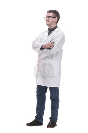 Foto de En pleno crecimiento. doctor varón confiado con un estetoscopio. aislado sobre un fondo blanco. - Imagen libre de derechos