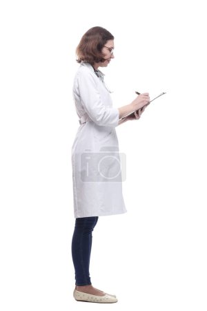 Mature female doctor with clipboard. isolated on a white background.