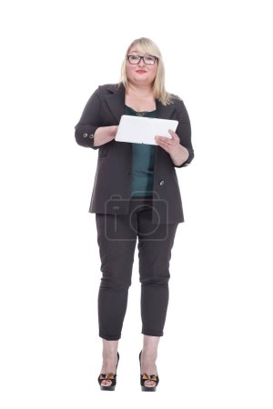Photo for Side view. attractive woman holds a clipboard with a blank sheet of paper . isolated on a white background. - Royalty Free Image