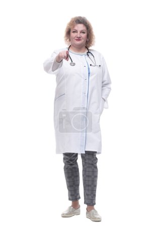 Photo for In full growth.serious woman doctor with sanitizer in hand. isolated on a white background. - Royalty Free Image
