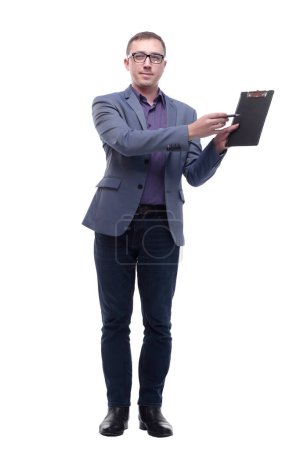 Photo for Portrait of businessman wearing glasses and pointing at clipboard and looking at camera - Royalty Free Image