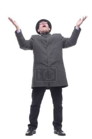 Foto de Hombre emocional con sombrero y abrigo de otoño. aislado sobre un fondo blanco. - Imagen libre de derechos