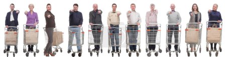 Photo for Group of people with shopping cart showing thumbs up at camera isolated on white background - Royalty Free Image